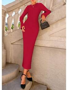 Vestido maxi de punto de cuello redondo y manga de campana, ajustado al Body, para mujer, otoño-invierno 2026 - Rojo - Ver 7