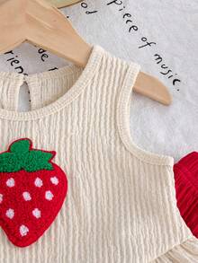 2pcs Baby Girls Summer New Cute Cartoon Strawberry Solid Chiffon Patchwork Ruffle Top + Solid Chiffon Casual Flare Pants Set - Multicolor - View 9