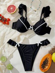 Swmmer Liket Ruffle Trim Underwire Bikini Set Summer - 黑色 - 查看 4