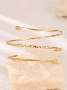 1pc Minimalist Line Hollow Multilayer Smooth Wave Textured Adjustable Open Cuff Bracelet, Street Style - Yellow Gold - View 3