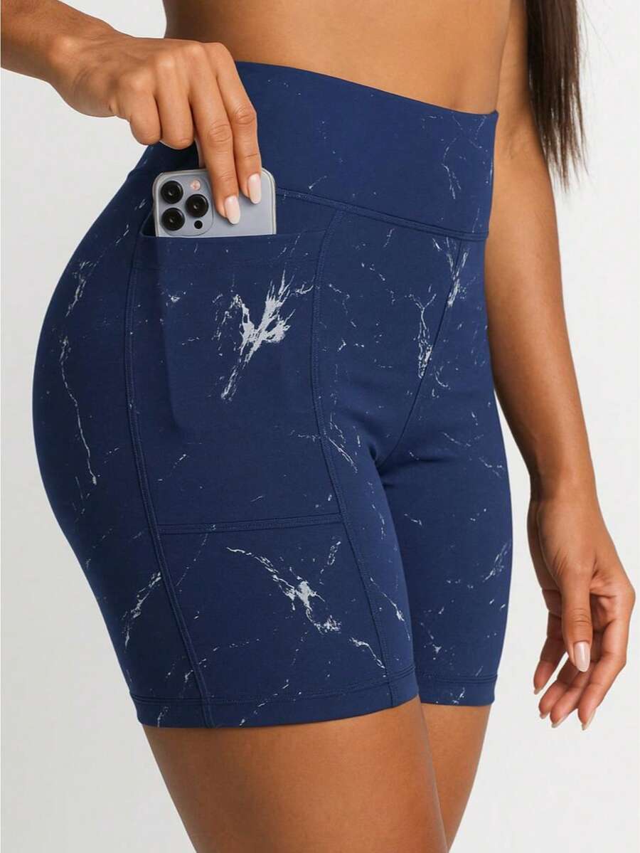 High-Waisted Fitness Shorts With Pockets, Ideal For The Gym, Cycling, Gymnastics, And Outdoor Activities. - Navy Blue Marble - View 1