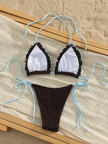 Bộ bikini 2 mảnh gợi cảm năm 2026, với chất liệu vải có họa tiết và viền bèo nhún, thiết kế viền tương phản, hoàn hảo cho kỳ nghỉ biển và tiệc bể bơi, đồ bơi thời trang thiết yếu, dây đeo vai có thể điều chỉnh, kiểu dáng ôm sát, tôn lên vẻ quyến rũ nữ tính. - màu nâu - Xem 2