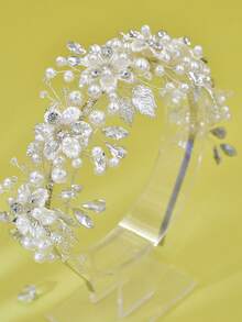 1件优雅珍珠水钻花朵新娘头饰，适合婚礼、派对、T台走秀、舞台表演 - 銀色 - 查看 5