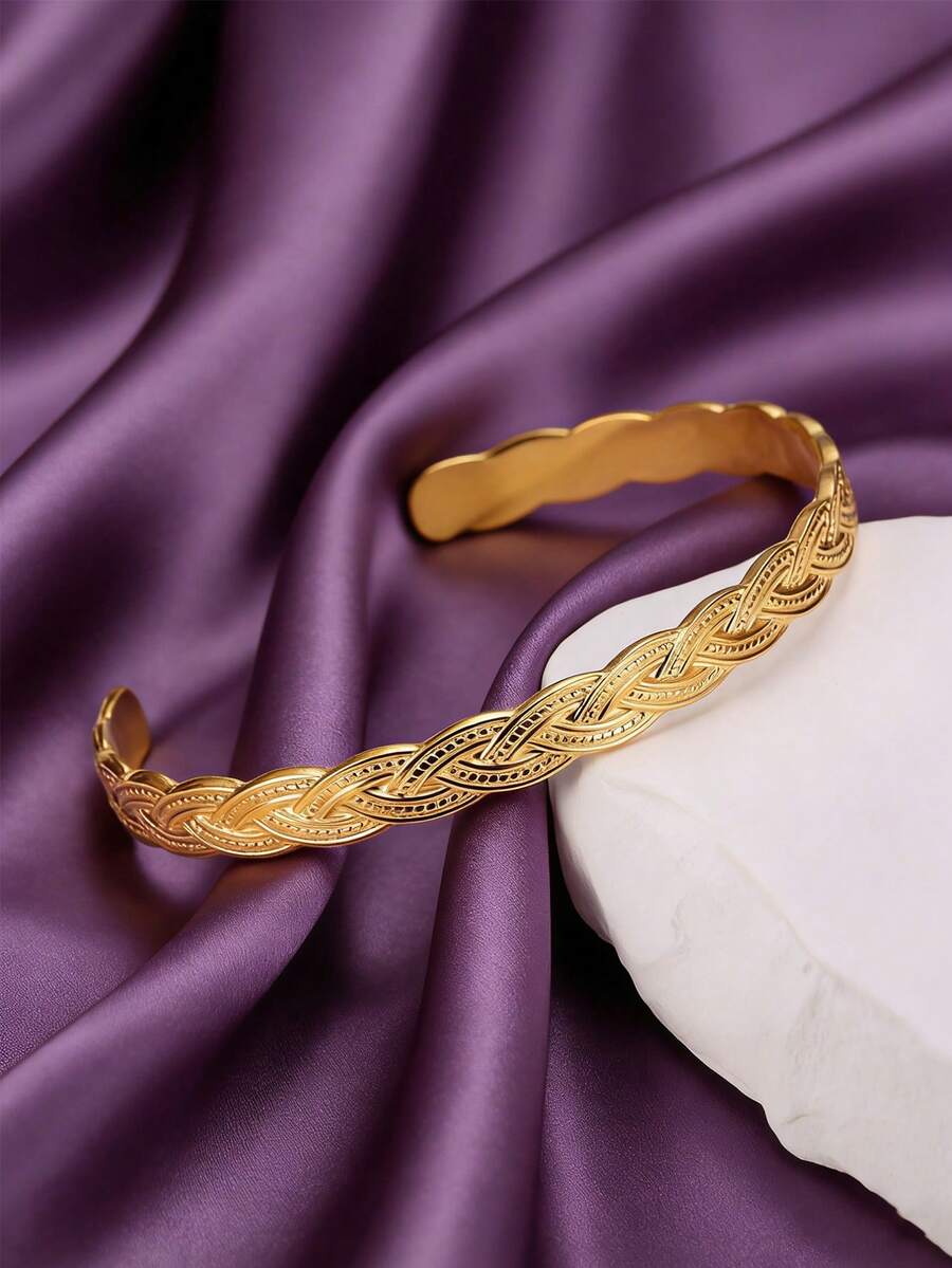 MONALLY 18K Gold Stainless Steel Bohemian Style Elegant Braided Bangle Bracelet, Adjustable Open Cuff, Vintage Braided Bracelet, Fashion Minimalist Gold Bracelet For Women, Perfect Daily Wear Gift - Bracelet - View 1