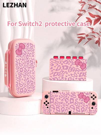 1 chiếc ốp bảo vệ in hình báo đốm tím và nơ, tương thích với Switch 2 (2025), Switch NS/Switch OLED/Lite, phù hợp với phụ kiện máy chơi game Switch 2, bộ gia đình, hộp đựng có khe cắm thẻ, vỏ bảo vệ Switch, màu trắng/hồng, quà tặng lãng mạn cho người chơi Switch.