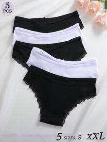 5 Stück/Set Damen Spitze Patchwork bequeme atmungsaktive Schleife Dekor Höschen Set, weich dehnbar lässige Unterwäsche - Verschiedenfarbig - Übersicht 2