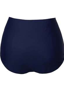 新款高腰女士纯色性感提臀显瘦保守泳裤度假沙滩夏季 - 藏蓝色 - 查看 3