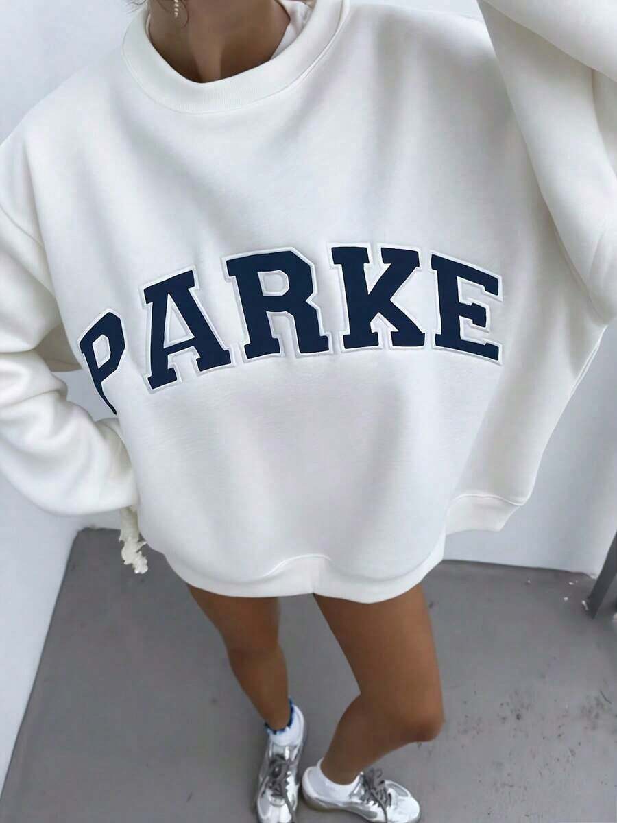 Women's Oversized White And Navy Blue 'PARK' Letter Print Sweatshirt - Oversized Loose Hoodie Sweater With Capital Letters, Crew Neck Long Sleeve Pullover, Machine Washable Layered Outfit Suitable For Back To School, Airport, And Casual Outfits 2026 - 白色 - 查看 1