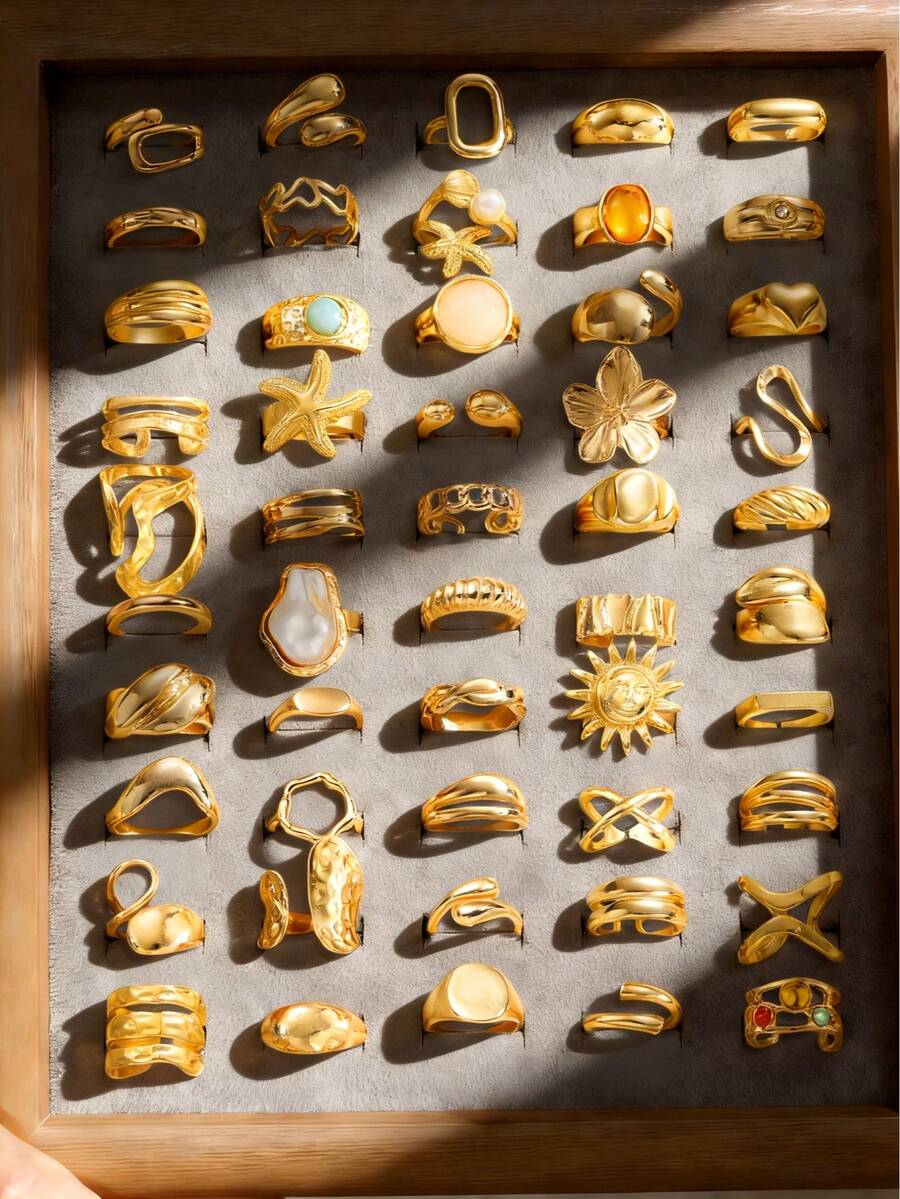 Bộ nhẫn nhiều chiếc kiểu dáng cổ điển, thanh lịch, dày dặn, có thể xếp chồng lên nhau gồm 30/12/10/8/6 chiếc - với các họa tiết hoa, hình học, nút thắt, sao biển, ngọc trai giả, đá pha lê, lấp lánh, hình vuông, hình tròn, rỗng, xoắn, đá giả nhiều màu sắc, dây chuyền nhiều lớp, vỏ sò, các yếu tố đại dương, tối giản, kim loại, ngoại cỡ, dày dặn - Thời trang, thanh lịch, tinh tế, cổ điển, phù hợp cho các dịp lễ, tiệc tùng, hẹn hò, làm quà tặng, đeo hàng ngày. - Vàng - Xem 1