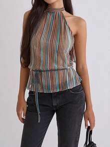 Women's Summer Halter Tank Tops Solid Color Pleated Sleeveless Backless Vest For Party - Multicolor - View 3