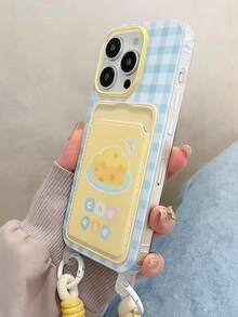 1个可爱卡通奶酪格子图案手机壳，带卡槽，适用于 11/12/13/14/15/16 Pro/17 Pro Max，全包保护壳，带挂绳，情人节礼物 - 藍色 - 查看 5
