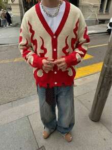 Áo khoác cardigan nam Andreilee Thu/Đông dáng rộng, màu trơn, họa tiết ngọn lửa, kiểu retro đường phố, cài nút, cổ chữ V, cỡ lớn, kiểu dáng thường ngày. - Màu be - Xem 1