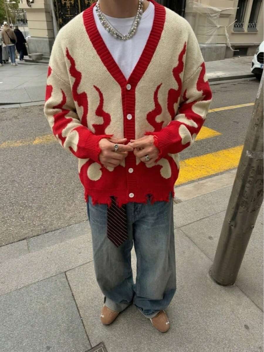 Áo khoác cardigan nam Andreilee Thu/Đông dáng rộng, màu trơn, họa tiết ngọn lửa, kiểu retro đường phố, cài nút, cổ chữ V, cỡ lớn, kiểu dáng thường ngày. - Màu be - Xem 1