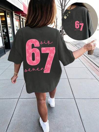 Tween Girl Star Element Six Seven 67 Cartoon Print T-Shirt, Fashionable Girls' Summer Short Sleeve T-Shirt, Suitable For Daily Wear, Campus Outfit, Street Style