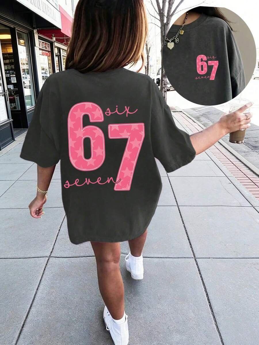 Tween-Mädchen T-Shirt mit Stern Element Sechs Sieben 67 Cartoon Muster, modisches Sommer Kurzarm T-Shirt, geeignet für den täglichen Gebrauch, Campus, Straßenmode - Dunkelgrau - Übersicht 1