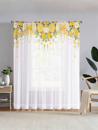 1 adet Pastoral Sarı Çiçek Desenli 2D Dijital Baskılı Yarı Şeffaf Lüks Perde, Oturma Odası ve Yatak Odası Dekorasyonu İçin