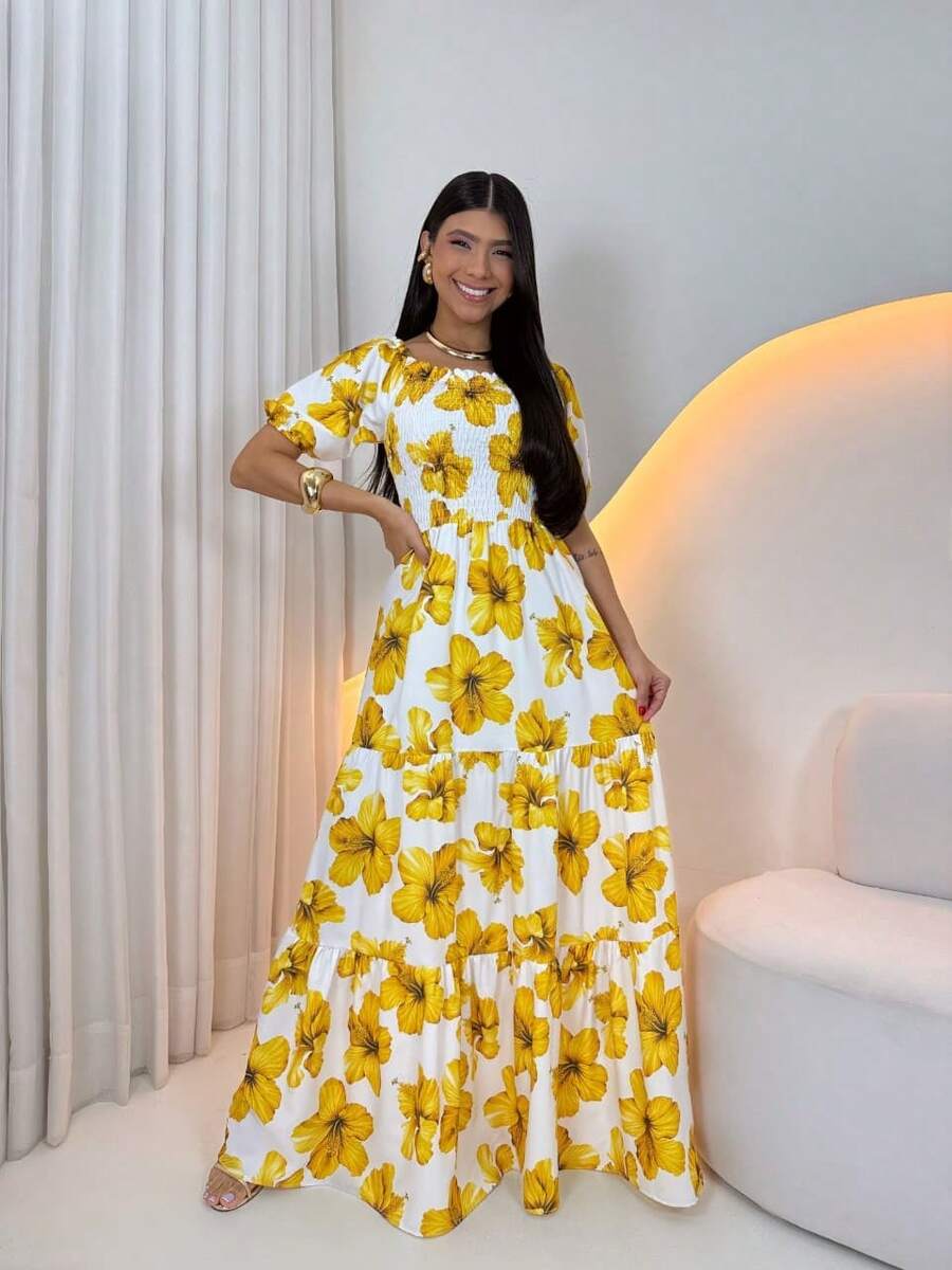 Long -Style Dress With Printed Sleeves - Yellow Flowers - View 1