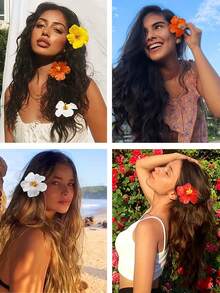 6个/套彩色芙蓉花发夹，夏威夷风格，色彩鲜艳自然，宛如真花，可夹在头发上 - 适合女孩和女士，适合海滩度假、日常外出、派对等场合，可灵活搭配不同造型 - 彩色 - 查看 3