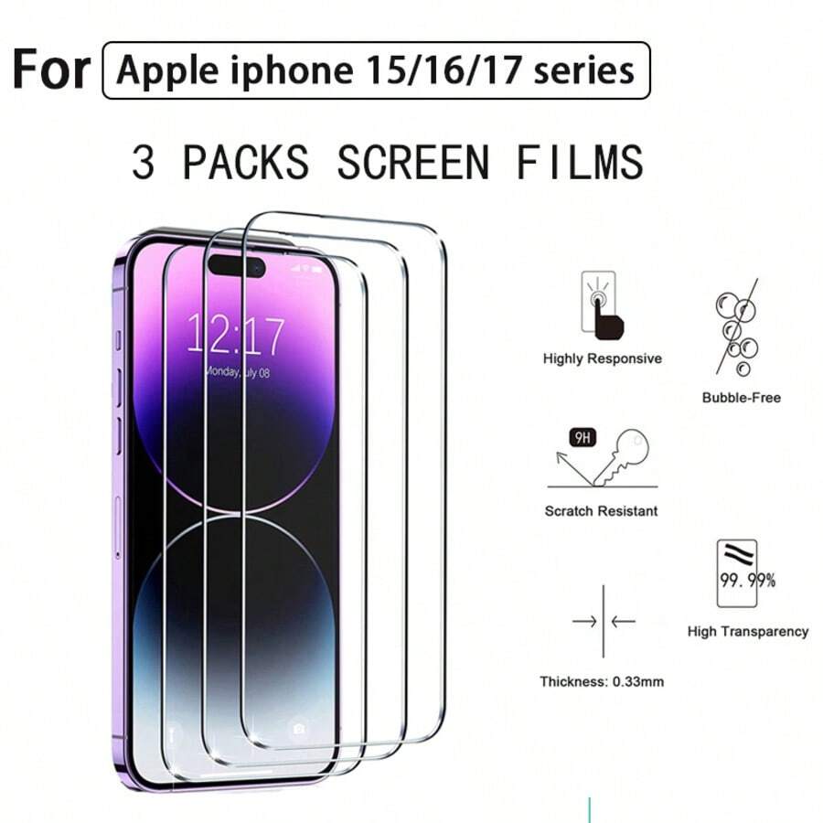 3pcs High Definition Tempered Glass Screen Protector, 9H Hardness, Transparent, Scratch-Resistant, Shockproof, Waterproof, Fingerprint-Proof, Compatible With IPhone 13/11/12/13/14 Pro Max/15 Pro Max/16/16 Pro/16 Plus/16 Pro Max/16e/17/17 Air/17 Pro/17 Pro Max - White - View 1