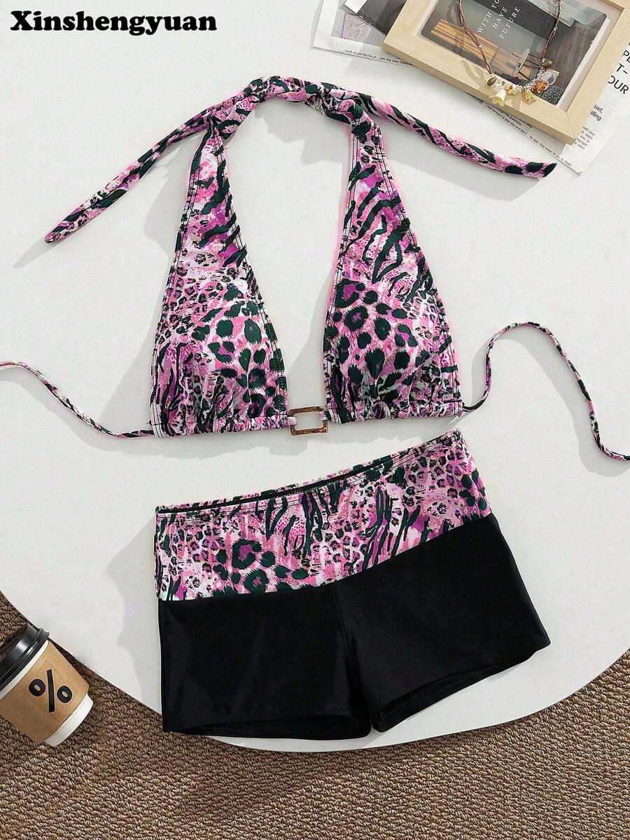 2pcs/Set Sexy Women Halter Neck Leopard Print Bikini Top With Black Swim Shorts Bikini Set - Multicolor - View 1