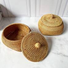 1pc Handmade Rattan Storage Box With Lid, Organizer Box, Small Box, Chess Piece Box, Candy Box, Jewelry Box, Natural Plant Rattan Crafts - Upper Circle and Lower Box - View 7