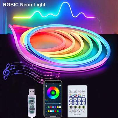 5V RGB IC霓虹LED灯带，USB霓虹灯绳，带音乐同步功能，1米/2米/3米/4米/5米可选，防水柔性灯带，带蓝牙遥控器，适用于酒吧、卧室、厨房、客厅、游戏室、户外装饰，也适用于生日派对、露营、万圣节、圣诞节装饰。