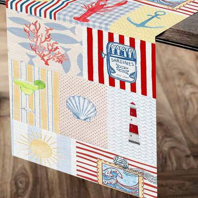 1 pièce Chemin de table style bohème avec thème corail et homard, 100% polyester, lavable en machine, convient pour les grandes tables, les plans de travail de cuisine, les tables de salle à manger, la décoration de mariage et la décoration de cuisine à la maison