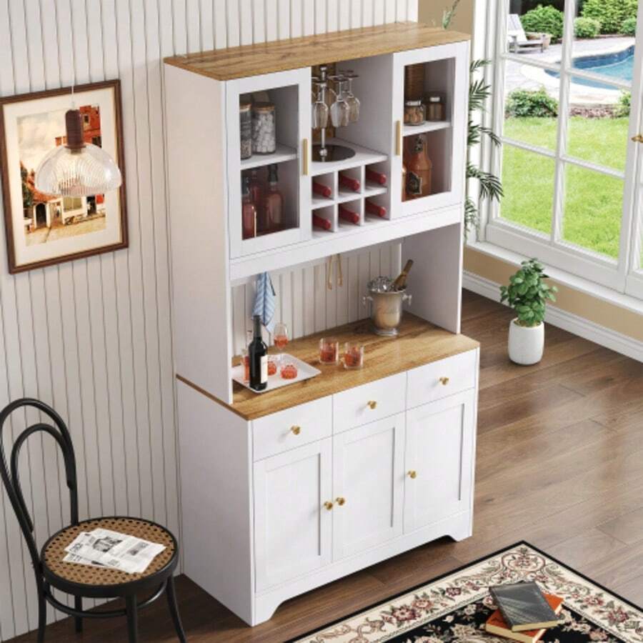 Sideboard, Tall Cabinet In White Wood Grain, 94.5 X 30 X 175.5 Cm, For Living And Dining Room - White - View 1
