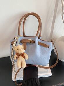 复古撞色手提包，时尚单肩包，独特个性化斜挎包，带吊坠，适合购物、装钱包，适合年轻女性、大学生、新手、白领人士。是办公室、大学、工作、商务、通勤、户外活动、旅行和野餐的理想之选。 - 彩色 - 查看 3