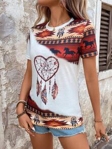 Women's Casual Round Neck Retro Printed Short Sleeve T-Shirt - Multicolor - View 4