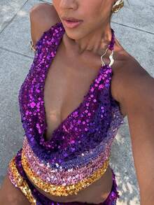 Women's Beach Sequin Halter Top Summer Sleeveless Contrast Tie Back Crop Vest Top Y2k Sparkly Glitter Cowl Neck Backless Cami Tank Top Club Party Vacation Streetwear - Nhiều màu - Xem 5