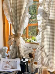 1件复古格子半透明窗帘，带法式荷叶边下摆，适用于卧室、阳台、房间隔断 - 彩色 - 查看 1