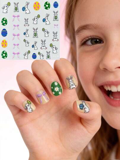 1 Easter Themed Children's Nail Sticker, Cartoon Rabbit Easter Egg Bow 3D Nail Sticker, Girl Easter Party Decoration Nail DIY Toy Baby Holiday Gift Easy To Stick And Tear Easter Children's Fun Nail Decoration Sticker Suitable For Girls Aged 3-12 Years Old Easter Elemental Nail Sticker