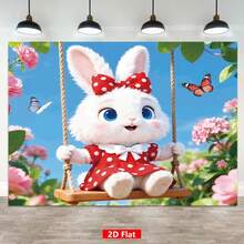 1 pieza Pancarta plana 2D, Tela de fondo de Pascua, Conejo blanco oscilante, Diseño con patrón de flores y mariposas, Material de poliéster, Decoración colgante de primavera adecuada para interiores/exteriores, Telón de fondo para fotografía, Pancarta para fiesta - Multicolor - Ver 4