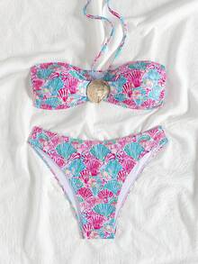 wohenmeili Shell Print Bikini Set For Beach Vacation - White Background With Red and Blue - View 4