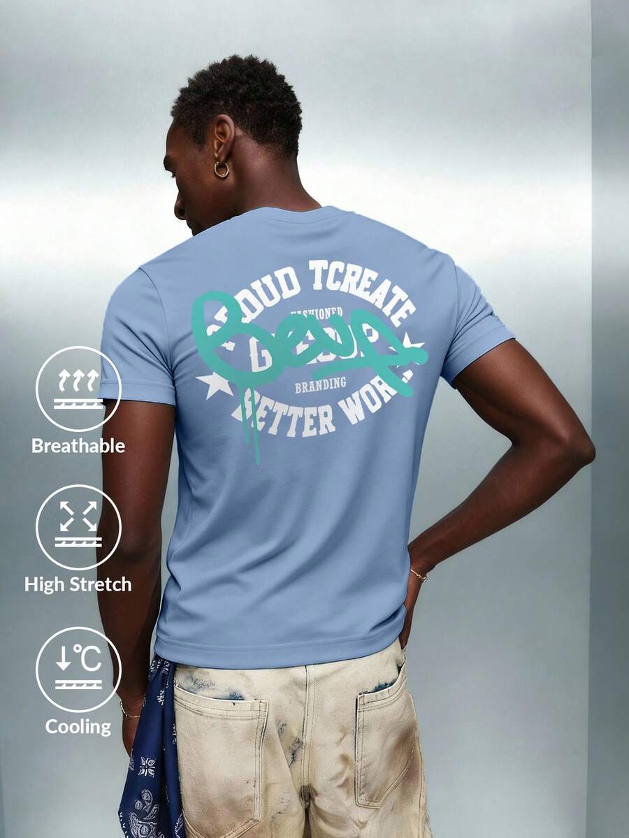 Camvyn 男士休闲时尚街头宽松落肩冰丝印花短袖T恤，夏季 - 霧霾藍 - 查看 1