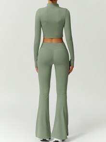 NcmRyu 1 Set Women Half Zip Mock Neck Thumb Hole Long Sleeve Split Flare Pants Sports Suit - Mint Green - View 2