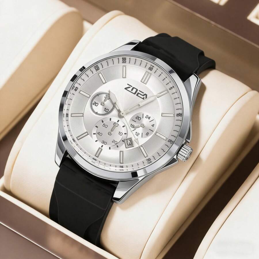 1件男士简约高端圆形三眼多功能日历表盘硅胶表带石英表，适合节日、送礼、情人节、圣诞节、年末等场合。 - 黑色 - 查看 1