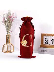 1 Personalized Linen Bottle Storage Drawstring Bag With Flower Gold Initials A-Z Printed On It, Bottle Cover, Coarse Linen Storage Bag, Linen Gift Bag, Wine Set, Beer Bottle Set, Bar Table Atmosphere Set. Equipped With A Drawstring To Prevent Dust, Reusable And Durable, Used For Storing Wine Bottles. - Multicolor - View 10