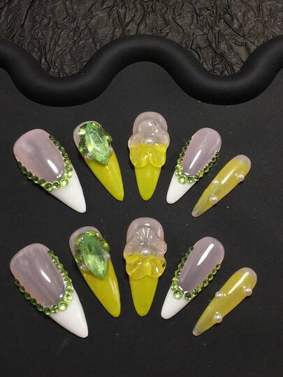 10-Piece 3.3 Cm Handcrafted Fine High Heels Nail Wear, Adorned With Rhinestones And Floral Decorations, A Ready-To-Wear Nail Set Suitable For Women And Girls, Perfect For Valentine's Day, Parties, Holidays, And Daily Wear. Nail Accessories, Acrylic Nail Kits, Including Sets, Hand-Pressed Manicures, Fake Nail Stickers, And Manicure Supplies.