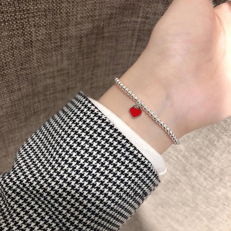 1pc Minimalist 4mm Bead Stainless Steel Enamel Heart Bracelet, Luxury Jewelry Gift For Women - 4mm Heart Bracelet - View 1