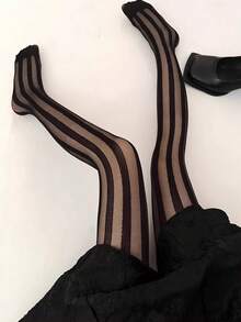 1双性感黑色西瓜条纹丝袜，Y2K Hottie竖条纹拼接不透明连裤袜 - 彩色 - 查看 4