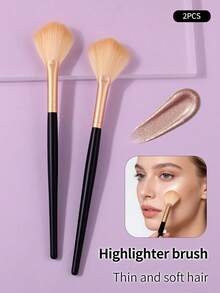 2支装黑色木柄扇形高光刷，均匀上粉不飞粉，化妆刷/美妆工具 - 黑色 - 查看 2