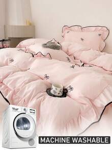 2/3件套粉色蝴蝶结刺绣荷叶边被套套装，复古可爱女孩床上用品套装，柔软透气，可机洗，四季皆宜，拉链封口，女孩礼物，卧室装饰（1个被套+1/2个枕套，不含被芯）