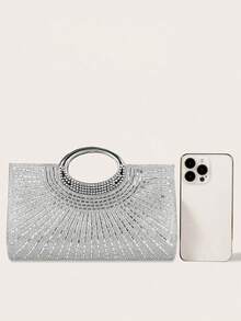 REMANLAND 轻盈商务休闲水钻装饰抽绳迷你水桶包，透明仿珍珠晚宴手拿包，优雅高端精致奢华水钻派对女士新娘完美晚宴圣诞婚礼礼服 - 銀色 - 查看 6