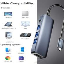 5端口USB Type-C集线器，支持4K，USB 3.0适配器分线器，适用于笔记本电脑配件 - 銀色 - 查看 5