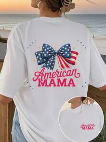 Women's Loose-Fitting, Double-Sided, Pure Cotton Crew Neck T-Shirt With American Flag Bow And 'American Mom' Text, Comfortable And Breathable, Suitable For Casual Daily Wear, Multifunctional Essential Item, Shows Natural Elegance, Must-Have For Summer Parties, Supports Local Delivery. - White - View 4