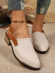 Chunky Heel Closed Toe Buckle Sandals, Fashionable Mid-Heel Hollow Breathable Slide Sandals - Beige - View 1