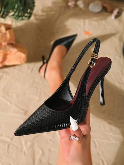 أحذية كعب عالي بأصبع مدبب بطول 9.8 سم للنساء، أحذية ذات كعب رفيع أنيق بنمط جلد الثعبان، مصنوعة من مادة البولي يوريثان، مزينة بعنصر معدني، مناسبة للاستخدام اليومي والحفلات والذهاب إلى العمل