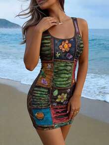 LOVE JOYY 女士 Y2K 风格撞色碎花吊带连衣裙，修身复古迷你裙，适合夏季派对、约会和度假 - 彩色 - 查看 8